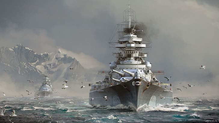 World of Warships, Бисмарк (кораб), Боен кораб, кули, броня, Морски оръдия, Тирпиц, HD тапет