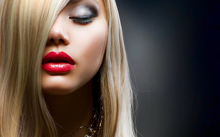 closed eyes, red lipstick, women, makeup, model, face, HD wallpaper