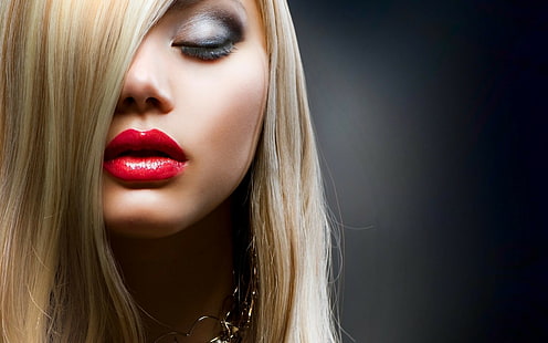 closed eyes, red lipstick, women, makeup, model, face, HD wallpaper HD wallpaper