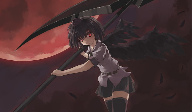 brunettes touhou wings dark night scythe moon skirts hat weapons feathers red eyes short hair thigh Space Moons HD Art , Touhou, brunettes, HD wallpaper
