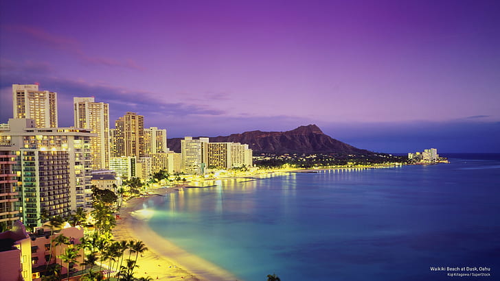 Waikiki Beach alacakaranlıkta, Oahu, plajlar, HD masaüstü duvar kağıdı