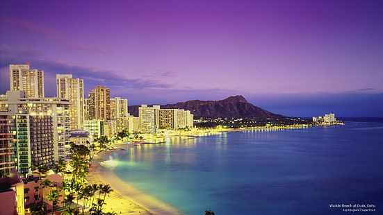 Waikiki Beach at Dusk, Oahu, Spiagge, Sfondo HD HD wallpaper
