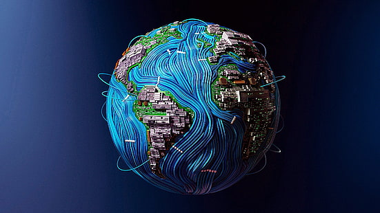 التكنولوجيا المتقدمة ، الأرض ، الشبكة ، العالم ، التكنولوجيا الفائقة ، الكرة الأرضية ، الرسومات ، الكمبيوتر ، اللوحة الأساسية ، الكابلات، خلفية HD HD wallpaper