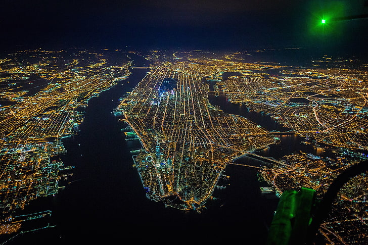 New York City, New York City, fiume, Stati Uniti d'America, notte, elicotteri, vista a volo d'uccello, città, isola, vista aerea, Sfondo HD