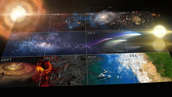 multicolored galaxy calendar wallpaper, Cosmos: A Spacetime Odyssey, calendar, digital art, artwork, space art, HD wallpaper