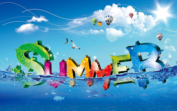 assorted-color summer 3D illustration, summer, sea, clouds, sun, sea gull, balloon, HD wallpaper