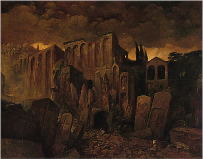 Zdzisław Beksiński, Artwork, Dark, Buildings, Tomb, zdzisław beksiński, artwork, dark, buildings, tomb, HD wallpaper HD wallpaper