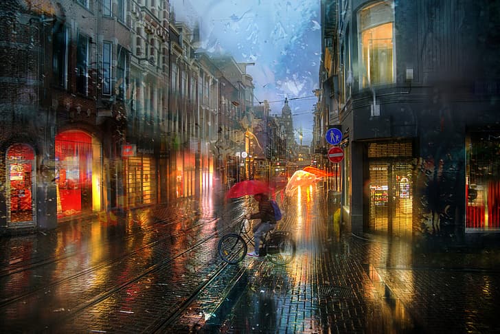 the city, rain, building, rails, home, lighting, Amsterdam, cyclist, Ed Gordeev, Gordeev Edward, Eduard Gordeev, Utica, HD wallpaper