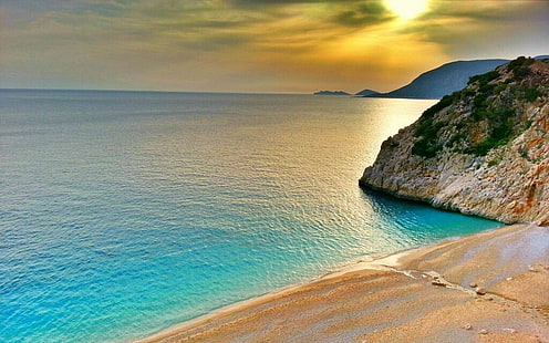 landskap, natur, solnedgång, Turkiet, strand, hav, kust, sand, sten, kullar, turkos, vatten, moln, HD tapet HD wallpaper