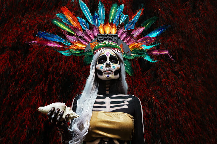Dia de los Muertos, crânio, mulheres, penas, rosto, colorido, HD papel de parede