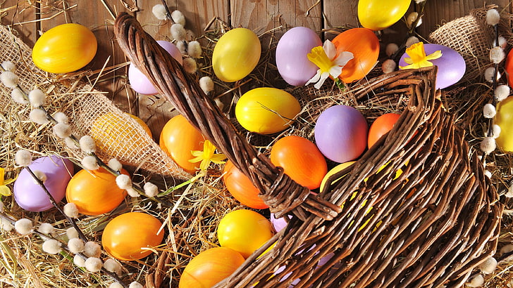 wicker basket, basket, easter, easter eggs, decoration, holidays, catkin, HD wallpaper