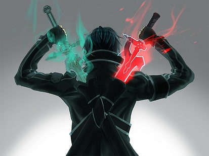 Sword Art Online, Anime, Glow, Kazuto Kirigaya, Kirito (Sword Art Online), Sword, Warrior, Weapon, วอลล์เปเปอร์ HD HD wallpaper