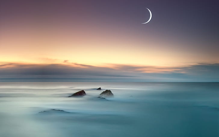 Lua oceano pôr do sol HD, mar de nuvens durante a noite, natureza, oceano, pôr do sol, lua, HD papel de parede