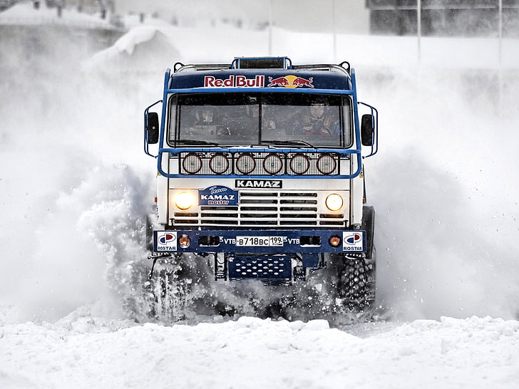 white and blue Kamaz rally truck, winter, snow, Paris, Russia, Red Bull, Dakar, KAMAZ, Kamaz Master, Chagin, HD wallpaper