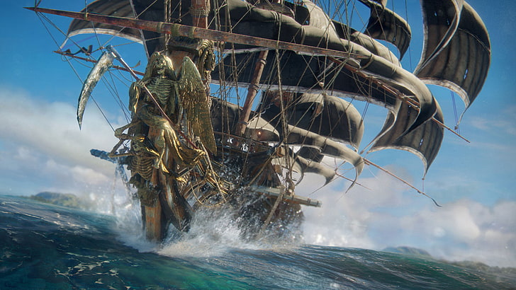 Ilustración de barco en blanco y negro, piratas, calavera y huesos, Skull & Bones, Ubisoft, videojuegos, Fondo de pantalla HD