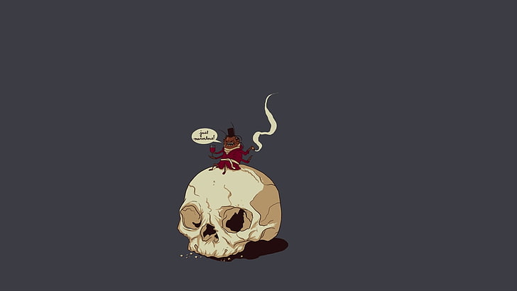 коричневая крыса на иллюстрации человеческого черепа, минимализм, череп, цилиндр, сигары, дым, таракан, HD обои
