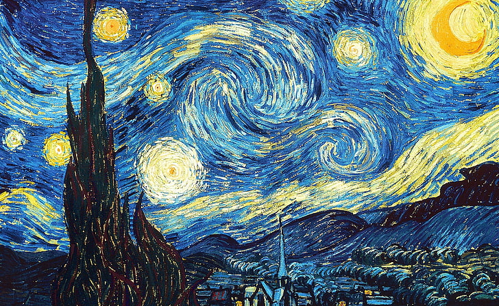 Звездната нощ, Звездната нощ от картина на Винсент ван Гог, Художествена, Рисунки, Нощ, Живопис, звездната нощ, Винсент Ван Гог, Звездната нощ от Винсент Ван Гог, художник след импресионист, HD тапет