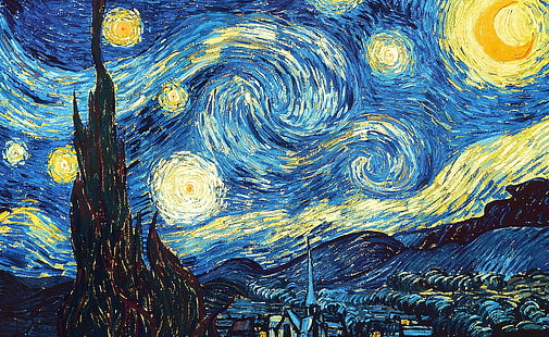 Звездната нощ, Звездната нощ от картина на Винсент ван Гог, Художествена, Рисунки, Нощ, Живопис, звездната нощ, Винсент Ван Гог, Звездната нощ от Винсент Ван Гог, художник след импресионист, HD тапет HD wallpaper