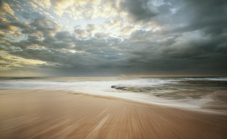 plage, mer, horizon, sable, nuages, Fond d'écran HD
