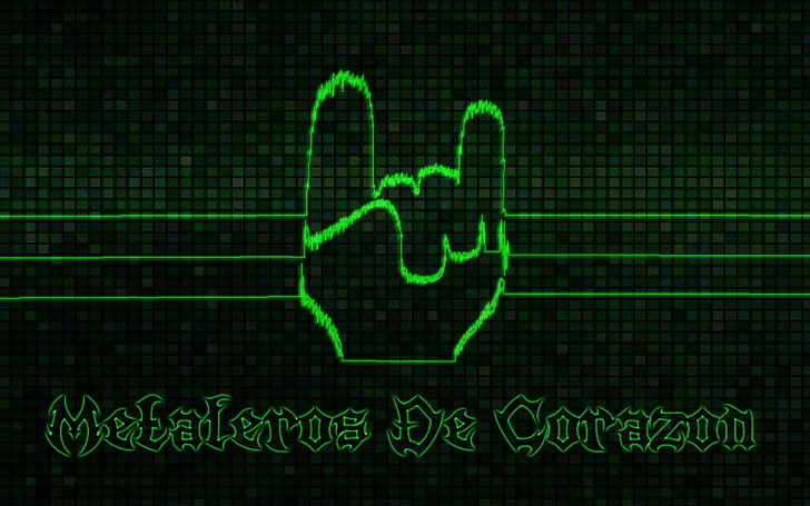 Logo Metaleros De Corazon, musique en métal, métal alternatif, métal lourd, métal thrash, power metal, métal noir, art numérique, typographie, texture, mains, geste de la main, cornes en métal, Fond d'écran HD