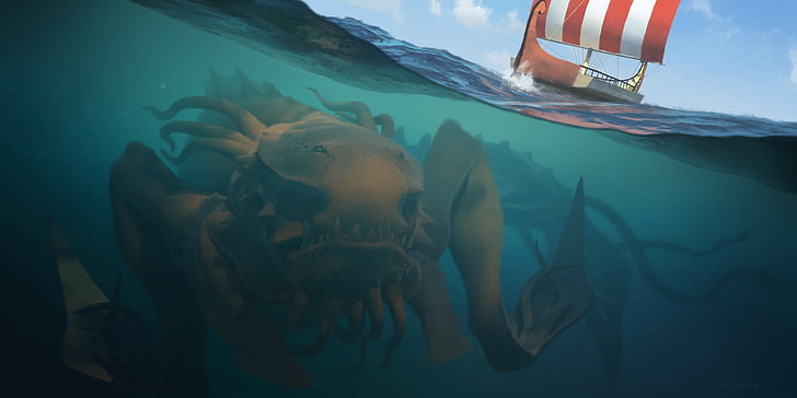 papel de parede digital subaquático de criatura do mar marrom, Kraken, monstros marinhos, HD papel de parede
