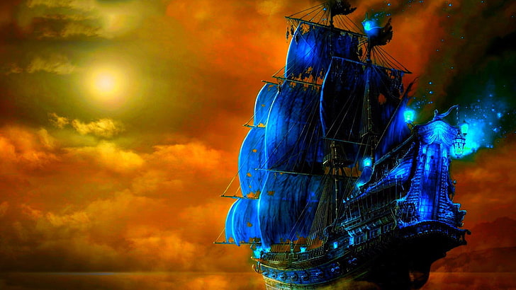 piraci, statek widmo, sztuka fantasy, statek, żaglowiec, Tapety HD