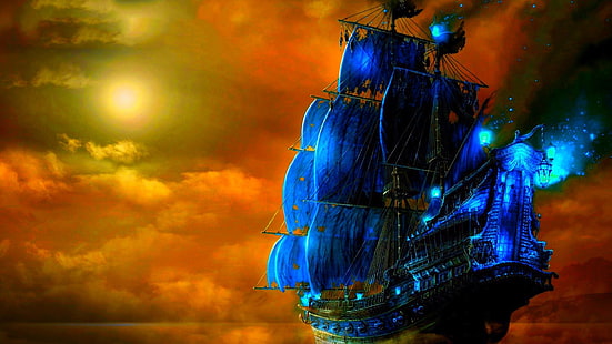 пираты, корабль-призрак, фэнтези-арт, корабль, парусник, HD обои HD wallpaper