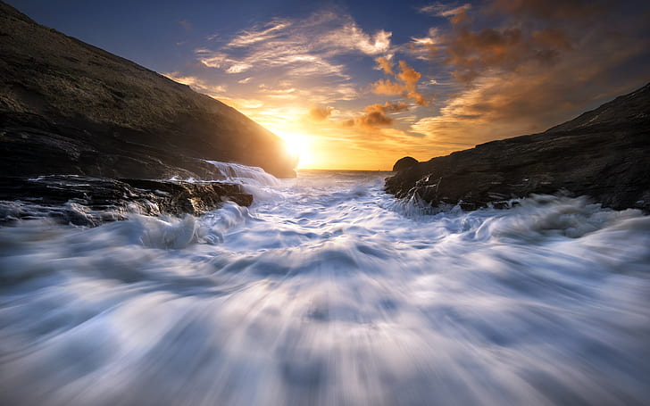 the sun, landscape, dawn, island, tide, Celtic sea, HD wallpaper