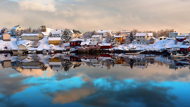 Noruega, Lofoten, inverno, casa, neve, barcos, reflexão da água, Noruega, Lofoten, inverno, casa, neve, barcos, água, reflexão, HD papel de parede
