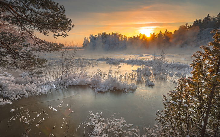 冬の間に湖の写真、凍った川、写真、湖、冬の時間、ニコンd600、ニッコール、35mm、ランギンコスキ、コトカ、フィンランド、夕方、急流、日没、自然、森、木、冬、風景、霜、屋外、風景、水、朝、雪、反射、日の出-夜明け、寒さ-温度、自然の美しさ、季節、氷、 HDデスクトップの壁紙