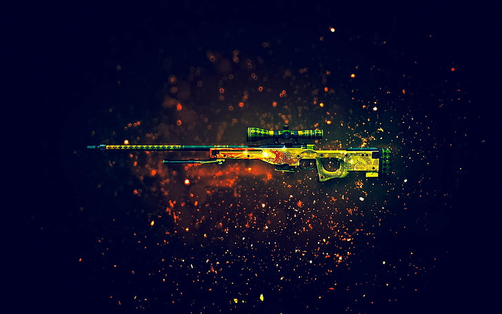 коричнево-черная снайперская винтовка, зеленая и желтая иллюстрация снайперской винтовки AWM, Counter-Strike: Global Offensive, снайперская винтовка, оружие, дракон, пушка, Знание драконов, Точность International AWP, HD обои