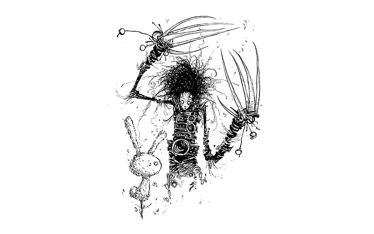 Ilustración del monstruo, minimalismo, fondo simple, dibujo, hombres, fondo blanco, monocromo, películas, Edward Scissorhands, conejos, ilustraciones, Fondo de pantalla HD