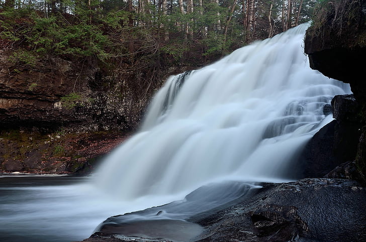 timelapse photography of waterfalls, Wadsworth Falls, timelapse photography, waterfalls, Nikon, Nature, waterfall, river, stream, forest, water, rock - Object, scenics, outdoors, flowing Water, landscape, beauty In Nature, HD wallpaper