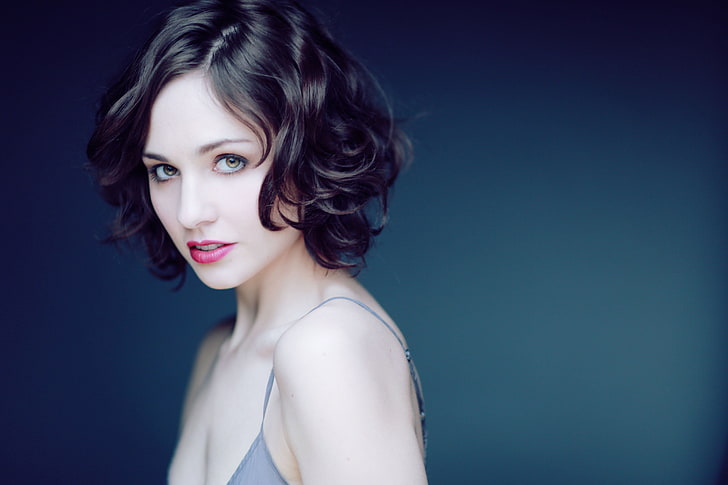 women's gray spaghetti strap top, Tuppence Middleton, actress, women, brown eyes, brunette, looking at viewer, HD wallpaper
