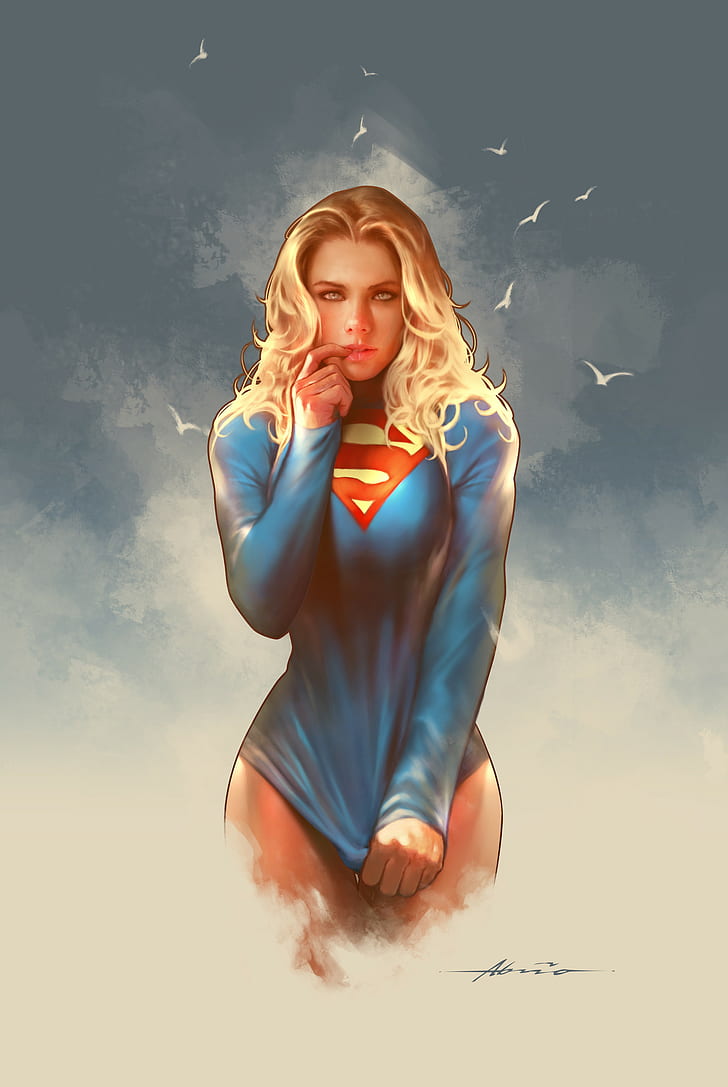 Supergirl, komisk konst, kvinnor, digital konst, fan art, DC Comics, blond, långt hår, finger i munnen, stretching, blå ögon, HD tapet, telefon tapet
