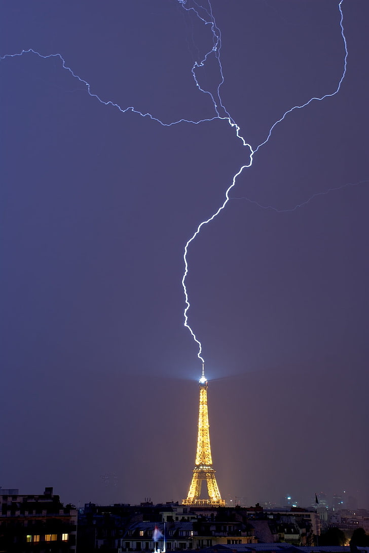 Eiffel Tower, landscape, night, lightning, Eiffel Tower, Paris, cityscape, city, portrait display, tower, France, violet, HD wallpaper