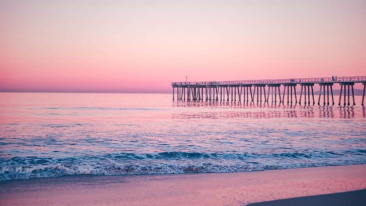 vague, ciel rose, États-Unis, Californie, plage d'Hermosa, plage, côte, aube, matin, mer, jetée de la plage d'Hermosa, ciel, calme, rive, lever du soleil, océan, jetée, horizon, Fond d'écran HD