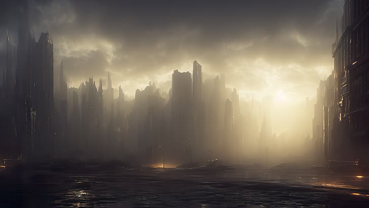 AI art, Stable Diffusion, oil painting, futuristic city, abandoned, mist, clouds, HD wallpaper