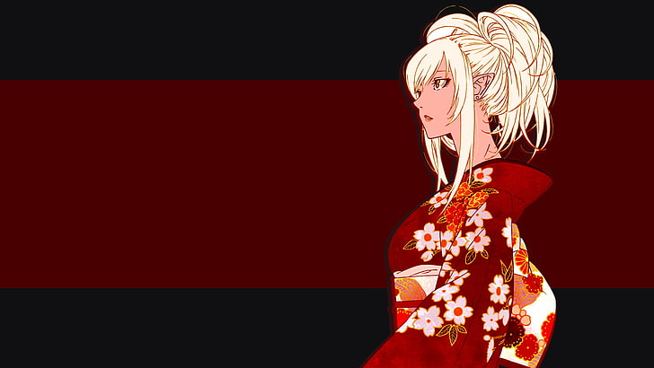 Monogatari-Reihe, Animemädchen, Oshino Shinobu, einfacher Hintergrund, roter Hintergrund, Blondine, Kimono, Anime, HD-Hintergrundbild
