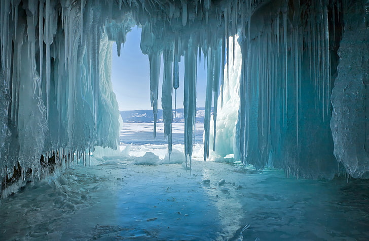 ice spike, ice, winter, lake, icicles, Baikal, cave, the grotto, HD wallpaper