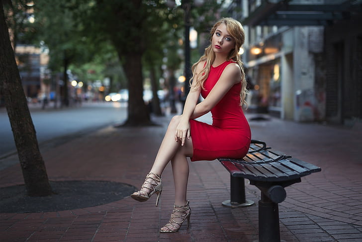 city, girl, long hair, dress, legs, trees, photo, photographer, blue eyes, model, lips, face, bench, blonde, urban, high heels, sitting, red dress, portrait, feet, mouth, makeup, wavy hair, red lipstick, lipstick, looking at camera, depth of field, bare shoulders, looking at viewer, Kyle Cong, HD wallpaper