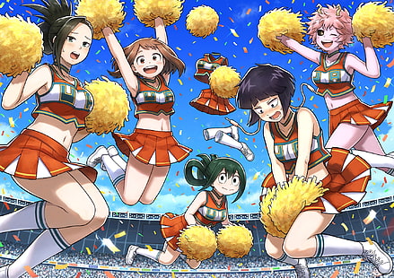 Boku no Hero Academia, gadis-gadis anime, Tsuyu Asui, Uraraka Ochako, Yaoyorozu Momo, Jirō Kyōka, Ashido Mina, Wallpaper HD HD wallpaper