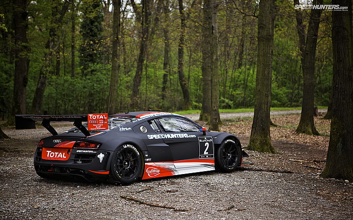 Audi R8 Race Car Trees HD, черный и красный audi r8, автомобили, деревья, суперкар, гонки, audi, r8, HD обои