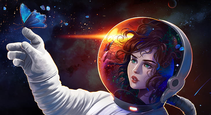 Science-Fiction, Astronaut, Schmetterling, Mädchen, Weltraum, HD-Hintergrundbild