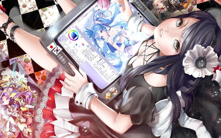 black haired anime character holding gray tablet computer, anime girls, original characters, HD wallpaper