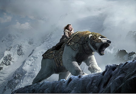 Captura de pantalla de la película Narnia, nieve, montañas, oso, niña, la brújula dorada, Fondo de pantalla HD HD wallpaper