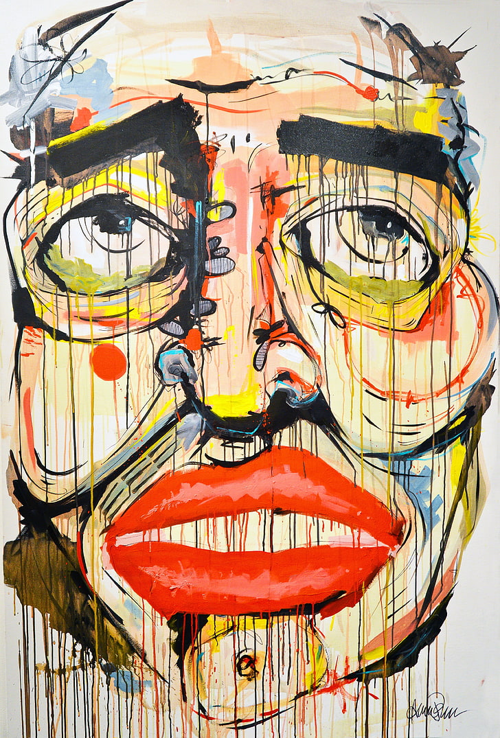 lukisan abstrak wajah manusia, karya seni, lukisan, kanvas, wajah, potret, tampilan potret, bibir, warna-warni, emosi, cat splatter, mata, mulut terbuka, Wallpaper HD, wallpaper seluler