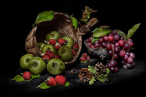 Obst, Obst, Apfel, Korb, Beere, Trauben, Stillleben, Erdbeere, HD-Hintergrundbild HD wallpaper