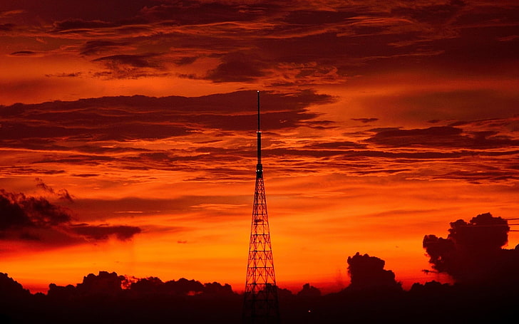 photography, sunset, sky, tower, red, orange, HD wallpaper