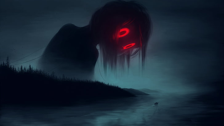 Attack of Titans illustration, woman with red eye illustration, red eyes, mist, boat, S A Lieske, artwork, landscape, dark, HD wallpaper